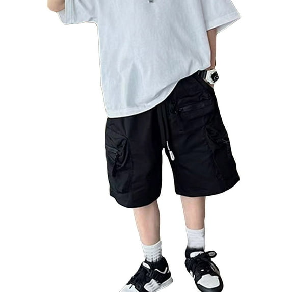 WERYOUNG Boys Girls Cargo Shorts Summer Casual Elastic Waist Baggy Stretch Straight Wide Leg Shorts With Pockets Kids Classic Dungarees Shorts,Black,4-5 Years