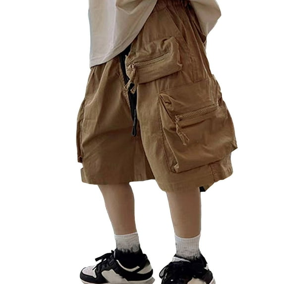 WERYOUNG Boys Girls Cargo Shorts Summer Casual Elastic Waist Baggy Stretch Straight Wide Leg Shorts With Pockets Newborn Stylish Dungarees Shorts,Khaki,13-14 Years