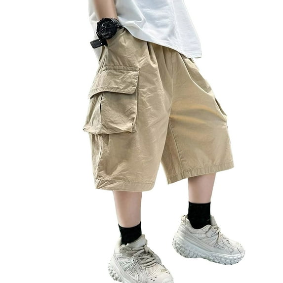 WERYOUNG Boys Girls Cargo Shorts Summer Casual Elastic Waist Baggy Stretch Straight Wide Leg Shorts With Pockets Stylish Dungarees Shorts,Khaki,8-10 Years