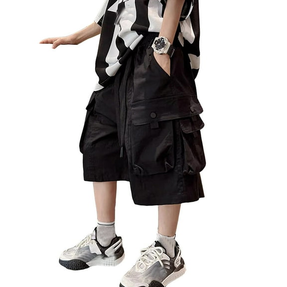 WERYOUNG Boys Girls Cargo Shorts Summer Casual Elastic Waist Drawstring Baggy Stretch Straight Wide Leg Shorts With Pockets Toddler Funny Dungarees Shorts,Black,4-5 Years