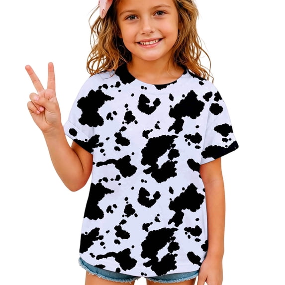 WERYOUNG Boys Girls Cow Print Shirt Crewneck Short Sleeve Graphic Tees Cute Casual Summer Vacation T Shirts For Kids Back To School Trendy Top 2-3 Years