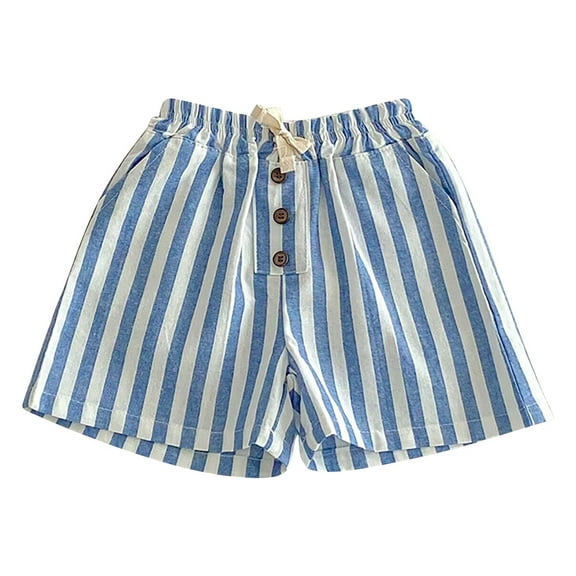 WERYOUNG Boys Girls Shorts Summer Casual Stripes Printed Button Elastic Waist Drawstring Shorts Active With Pockets Newborn Breathable Sports Shorts,Blue,2-3 Years