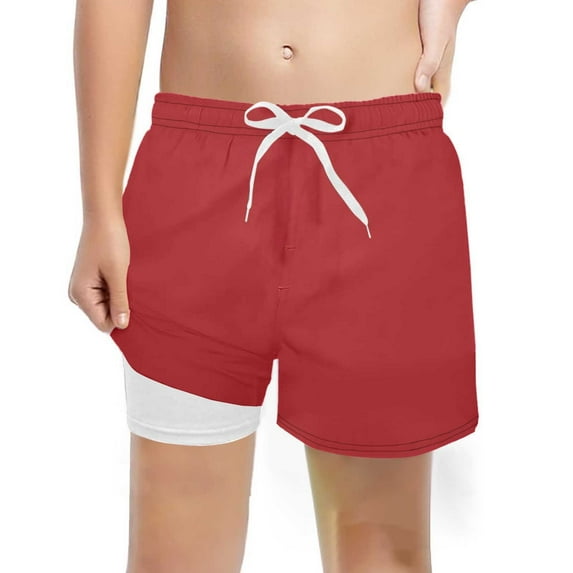 WERYOUNG Boys Girls Shorts Summer Fashion Solid Color Elastic Waist Drawstring Stretch Swim Trunks With Liner Toddler Funny Beach Pool Shorts,Red,7Y
