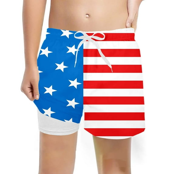 WERYOUNG Boys Girls Swim Shorts Summer Fashion Independence Day Star Stripes Printed Elastic Waist Drawstring Stretch Swim Trunks With Liner Kids Soft Beach Pool Shorts,Blue,10-12 Years
