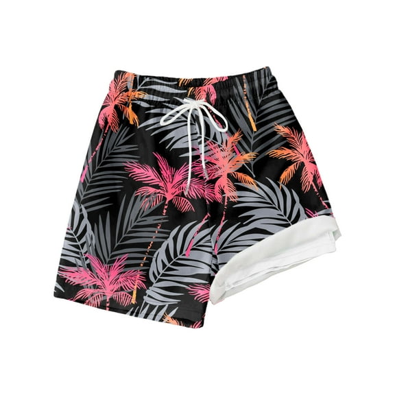 WERYOUNG Boys Girls Swim Shorts Summer Fashion Tropical Leaves Printed Elastic Waist Drawstring Stretch Swim Trunks With Liner Breathable Beach Pool Shorts,Black,10-12 Years