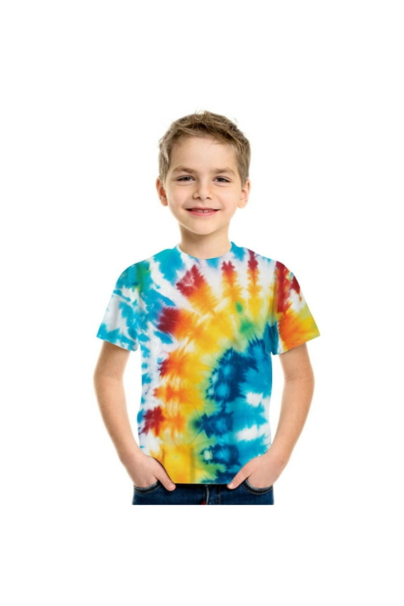 Boys Girls Tee Summer Casual Colorful Tie Dye Printed Round Neck Short Sleeve Tee Shirts Newborn Leisure T-Shirts,E,M