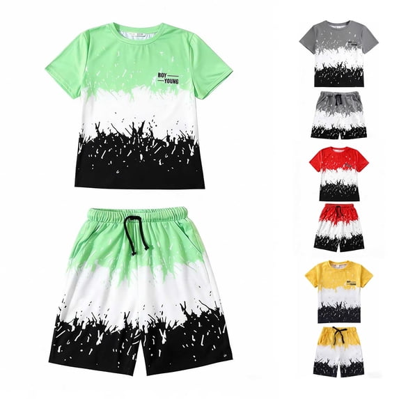 WERYOUNG Boys Summer Outfits Short Sleeve Patchwork T Shirts And Shorts Casual Everyday Wear Two Piece Sets Holiday Vacation Comfortable Clothing Sets 11-12 Years
