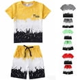 thumbnail image 1 of WERYOUNG Boys Summer Outfits Short Sleeve Patchwork T Shirts And Shorts Casual Everyday Wear Two Piece Sets Holiday Vacation Versatile Clothes Sets 13-14 Years, 1 of 4