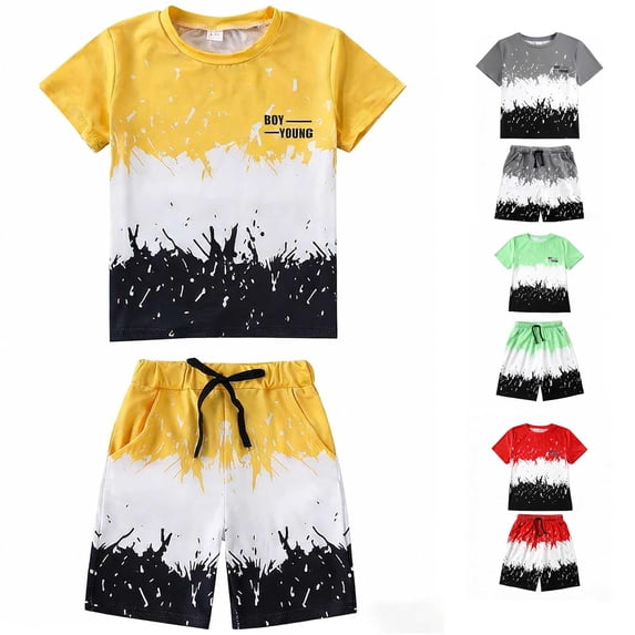 WERYOUNG Boys Summer Outfits Short Sleeve Patchwork T Shirts And Shorts Casual Everyday Wear Two Piece Sets Holiday Vacation Versatile Clothes Sets 13-14 Years