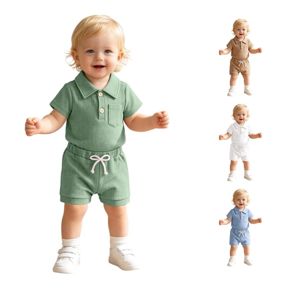 WERYOUNG Boys Summer Outfits Short Sleeve Ribbed Romper Bodysuit With Shorts Two Piece Gentleman Sets Holiday Vacation Comfortable Clothing Sets 6-12 Months
