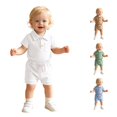 thumbnail image 1 of WERYOUNG Boys Summer Outfits Short Sleeve Ribbed Romper Bodysuit With Shorts Two Piece Gentleman Sets Leisure Lounging Trendy Clothes Sets 12-18 Months, 1 of 5