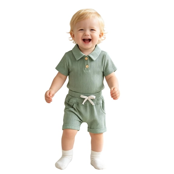 WERYOUNG Boys Summer Outfits Short Sleeve Ribbed Romper Bodysuits With Shorts Two Piece Gentleman Sets Outdoor Play Versatile Clothes Sets 6-12 Months