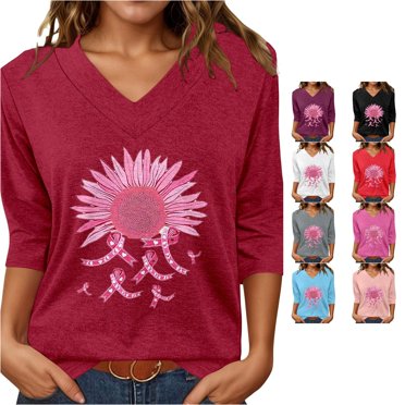 WERYOUNG Breast Cancer Shirts For Women Ribbon Heart Print 3/4 Sleeve V ...