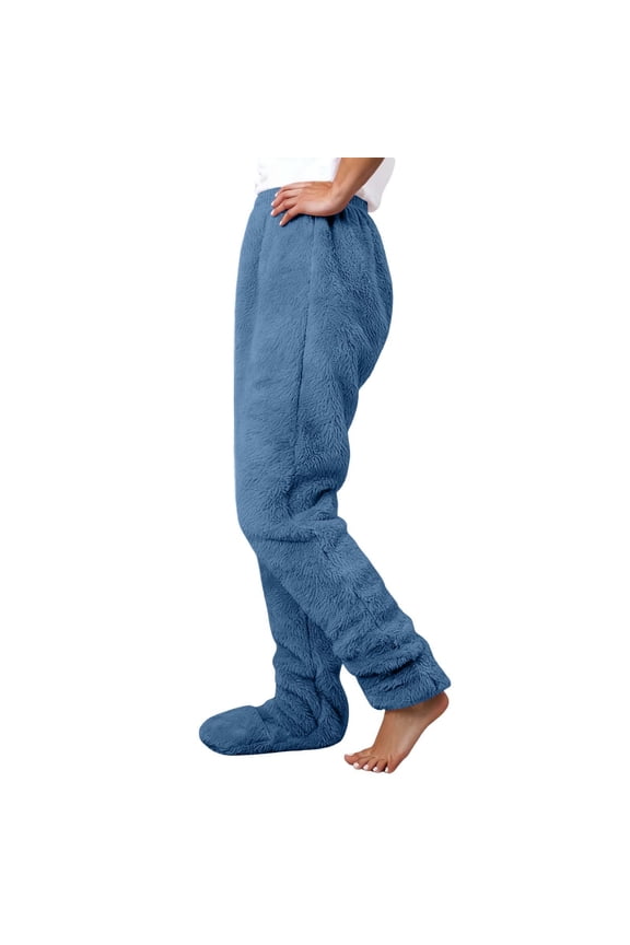 Casual Pants For Woman Soft Fleece Sleep Pants With Built In Socks Full Coverage For Winter Warmth Loose Fit Cozy Pajama Bottoms