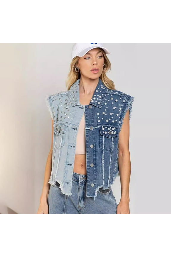 Women Beading Pearls Denim Vest Button Sleeveless Cropped Jean Jacket, XL