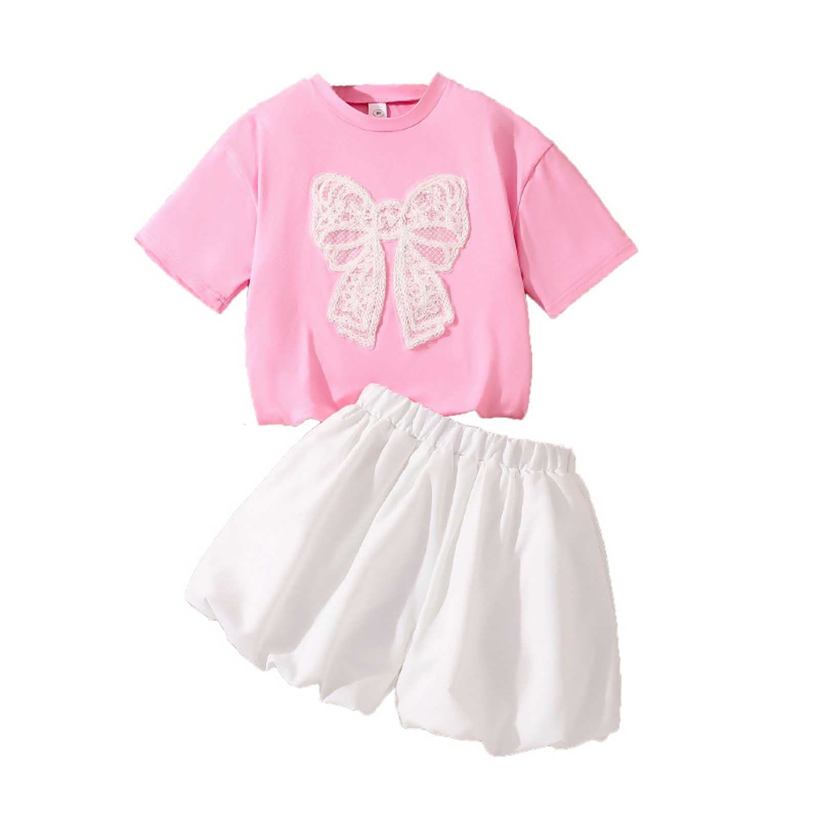 WERYOUNG Child Girls Lace Bow 2PCS Summer Set French Style Short Sleeve Tops & Bloomer Shorts Versatile