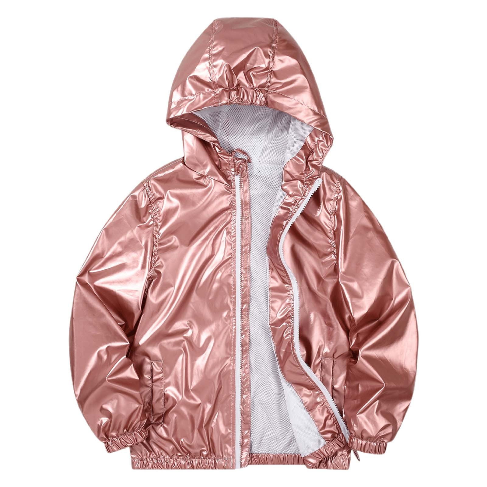 【COLOR iN ID】Rain Glossy Zip-Up Pink Platinum Girls Full Zip Hooded Rain Jacket, Sizes 4-16
