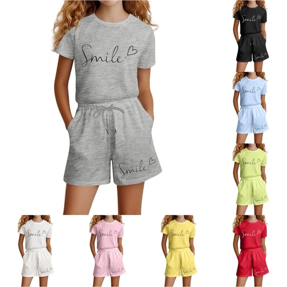 WERYOUNG Children Kids Girls Summer Outfits Casual Short Sleeve Letter Tee Shirts Top And Pocket Shorts Two Piece Sets Outdoor Play Trendy Clothes Sets 9-10 Years
