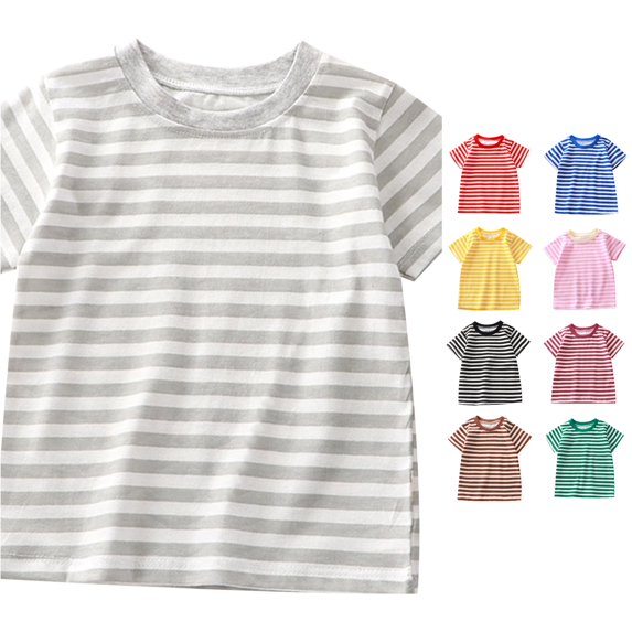 WERYOUNG Children's Summer T Shirts Short Sleeved Crewneck Striped T-Shirt Solid Color Cotton Boys Girls Baby Base Tees Stylish Top 4-5 Years