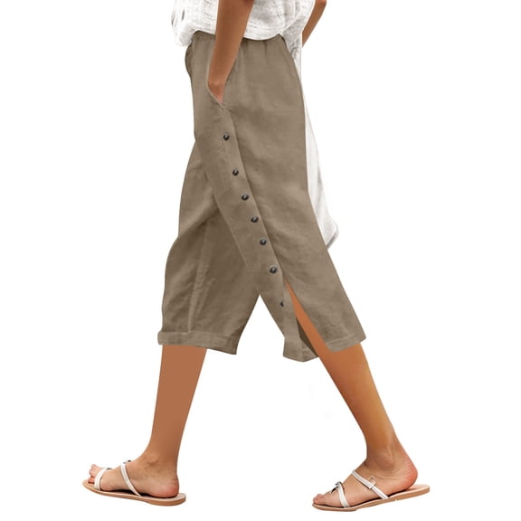 WERYOUNG Comfort Women's Pants Solid Color Women Capri Pants Side Button Lightweight Drawstring Elastic Waist Pants with Pockets Beach Slacks