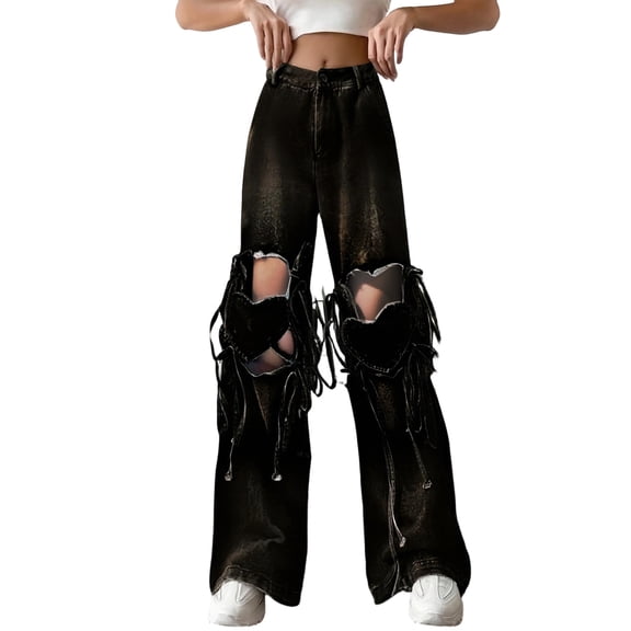 WERYOUNG Comfy Womens Trousers Casual Wear Gradient Heart Tie Dye Distressed Denim Pants Loose Fit Wide Leg Trousers For Plus Size