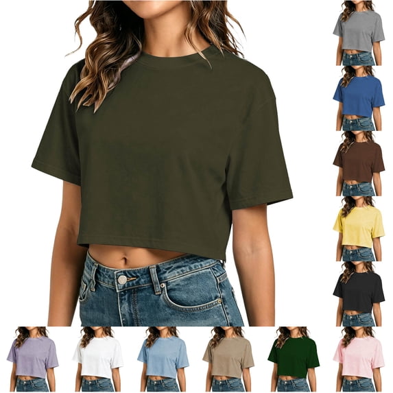 WERYOUNG Cropped T Shirts For Women Summer Short Sleeve Casual Loose Round Neck Streetwear Basic Tees Soft Tops XL