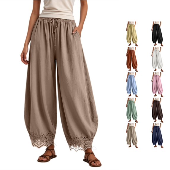 WERYOUNG Elegant Knit Lace Pants For Women With Elastic Waist And Curved Front Slits Wide Leg Trousers Palazzo Pants For Women Versatile Bottom XXL