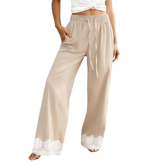 WERYOUNG Flowy Wide Leg Pants For Women Stretchy High Waist Loose Fit Casual Trousers With Lace Trim Club Party Stylish Slacks