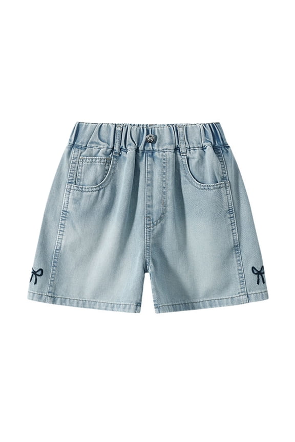 Girl's Jean Shorts With Side Bow Embroidery Casual Summer Denim Shorts For Kids Teen Holiday Party Stylish Bottoms