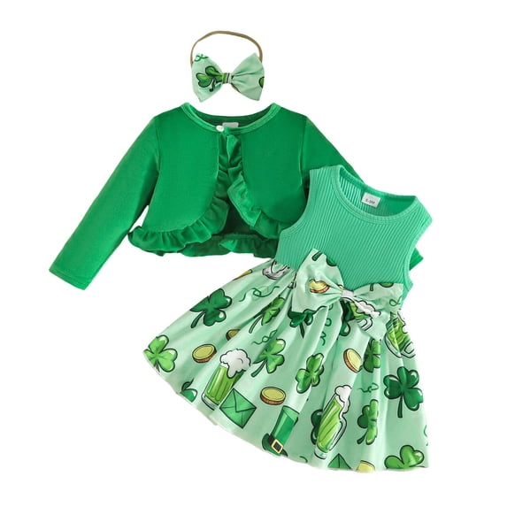 WERYOUNG Girl's Outfit Sets St Patrick's Day Long Sleeve Crewneck Ruffles Coat And Floral Dress Headbands Kids 3 Piece Outfits Home Lounging Soft Comfortable Toddler Clothes Sets