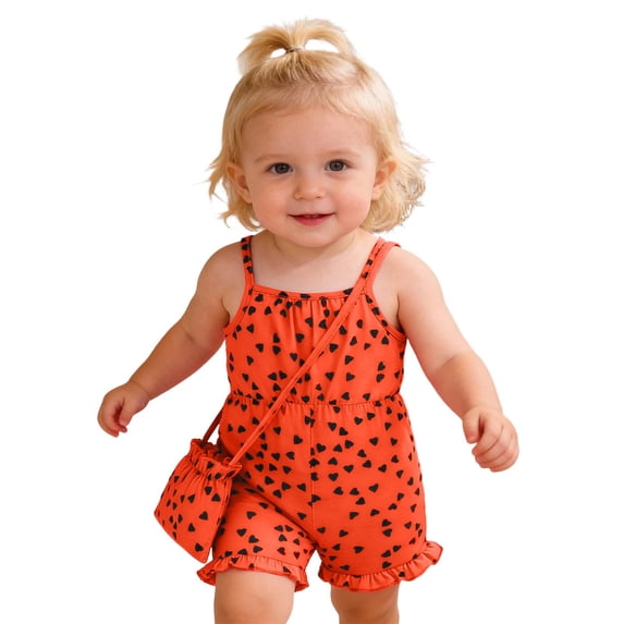 WERYOUNG Girl's Rompers Sleeveless Square Collar Heart Print Kids Playwear Suspenders Onesie With Matching Bag Outdoor Activities Stylish Comfortable Romper