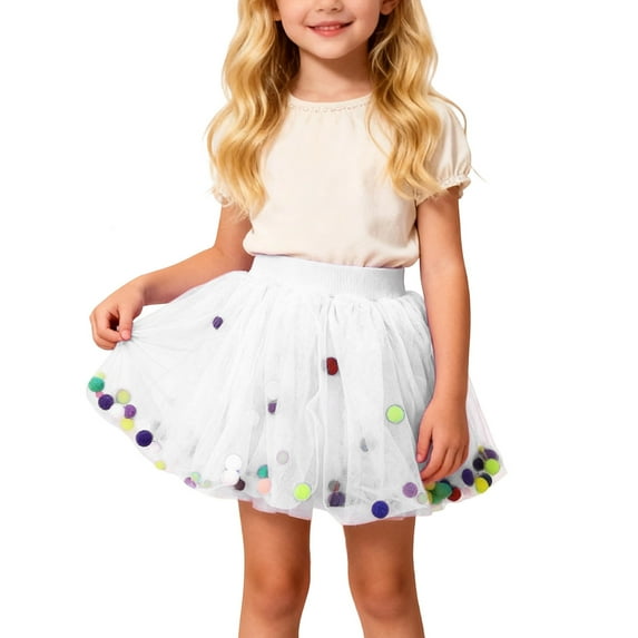 WERYOUNG Girl's Skirts Carnival Elastic Waist Mesh Layered Kids Elegant Tutu Skirt With Colorful Pom Poms Evening Party Soft Breathable Skirts