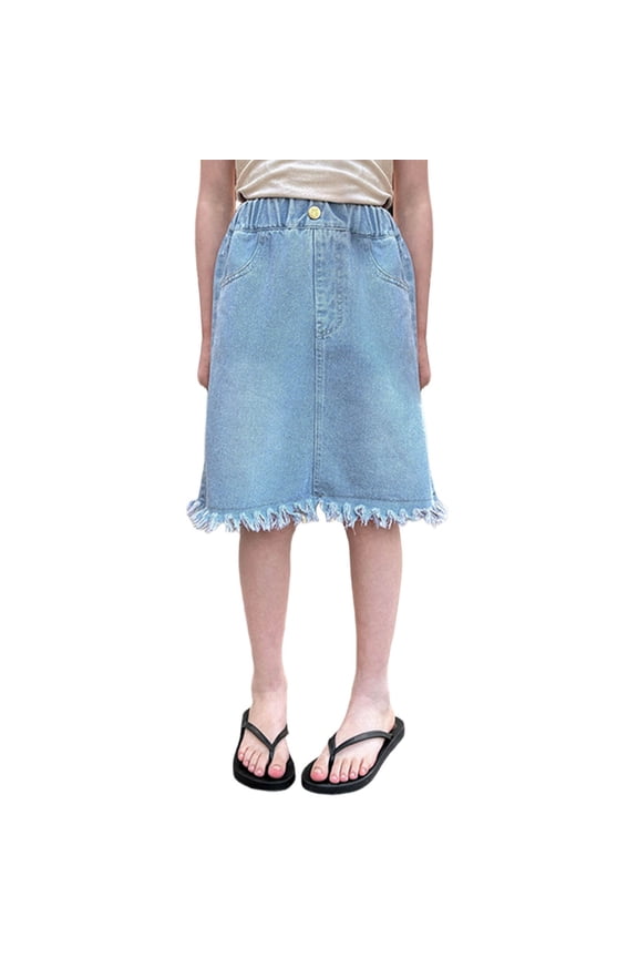 Girl's Skirts Solid Color Elastic Waist Kids Denim Pencil Skirt With Fringe Hem Party Night Versatile Cozy Skirts