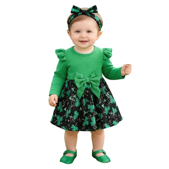 XAOFW Girl's Dresses St Patrick's Day Long Sleeve Floral Prints Cute Dress Party Night Cozy Breathable