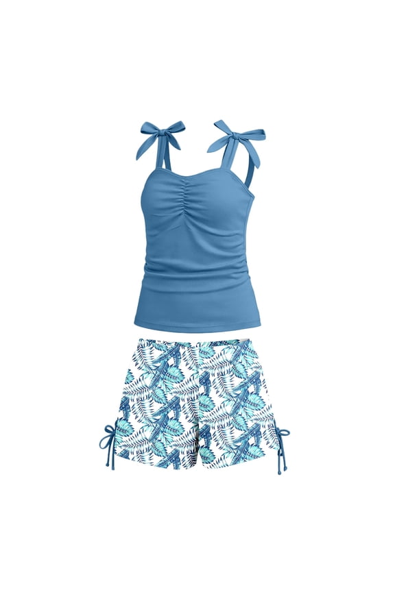 Girl's Swimsuit Sets Sleeveless Scoop Neck Bow Tie Tops And Floral Swim Shorts Tankini Swimsuits Kids 2 Piece Swimwear Beach Party Stylish Cozy Children Swim Wear