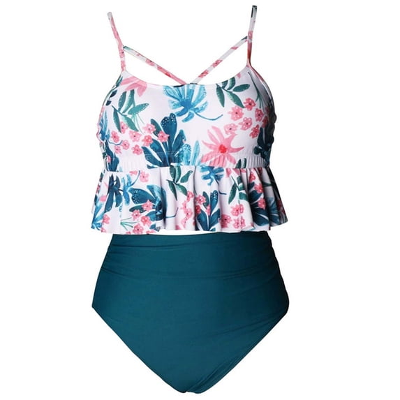 WERYOUNG Girl's Swimsuit Sets Sleeveless Scoop Neck Ruffle Hem Tops And Floral Bottom Tankini Swimsuits Kids 2 Piece Swimwear Holiday Vacation Beach Versatile Cozy Children Swim Wear