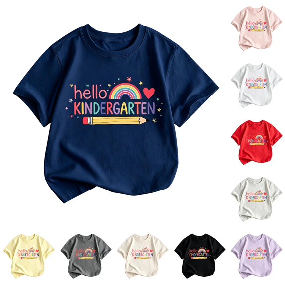 WERYOUNG Girls Back To School T Shirt Short Sleeve Round Neck Cartoon Print T-Shirts Kids Lightweight Knit Tees First Day Of School Shirt Versatile Tops 4-5 Years