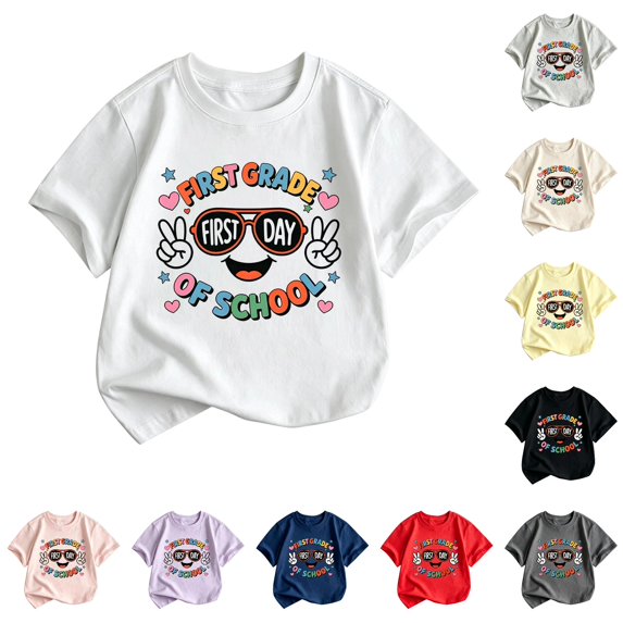 WERYOUNG Girls Back To School T Shirt Short Sleeve Round Neck Cartoon Prints T-Shirts Kids Lightweight Knit Tees First Day Of School Shirt Versatile Top 6-7 Years