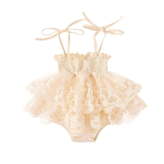 WERYOUNG Girls Bodysuit Summer Flower Embroidery Lace Mesh Spaghetti Strap Ruffled Dress Bodysuit Girls Stylish Party Photoshoots Onesie,Beige,18-24 Months
