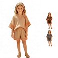 thumbnail image 1 of WERYOUNG Girls Bohemian Summer Outfits V Neck Half Sleeve Striped Tops Elastic Waist Shorts With Striped Headband Kids Beach Vacation Sets Soft Clothes Sets 3-4 Years, 1 of 5