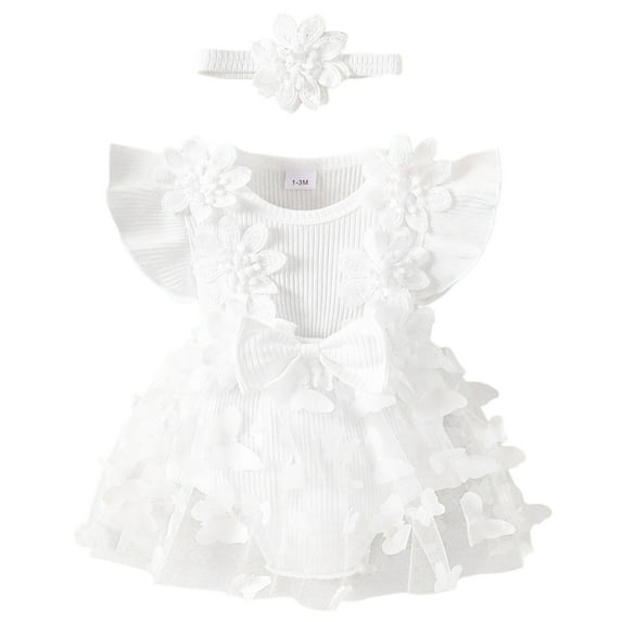 WERYOUNG Girls Boys Bodysuits Summer Fly Sleeve Bow Butterfly Appliques Mesh Lace Ribbed Crawling Bodysuits Girls Cute Onesie,White,1-3 Months