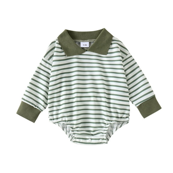 WERYOUNG Girls Boys Bodysuits Summer Unisex Comfort Striped Printed Turndown Collar Long Sleeve Bodysuits Leisure Daily Wear Onesie,Green,3-6 Months