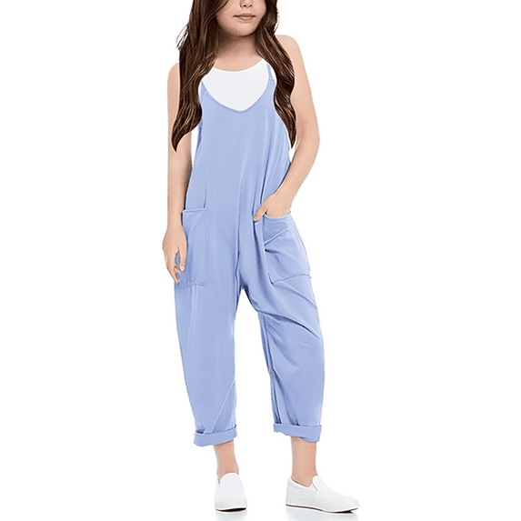 WERYOUNG Girls Boys Casual Pants Summer Solid Color Spaghetti Strap Jumpsuit Wide Leg Pants With Pocket Cute Sweat Pants,Light ,9-10 Years