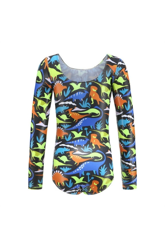 Girls Boys Gymnastics Leotards Summer Fashion Cartoon Dinosaur Printed Long Sleeve Gymnastics Dance Leotard Bodysuit Girls Lovely Practice One-Pieces ,Black,10-11 Years