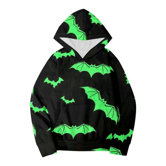 WERYOUNG Girls Boys Hoodies Cartoon Bat Printed Long Sleeve Pullover Hooded Halloween Sweatshirt With Pocket Girl Versatile Vacation Hoodie,Green,8-9 Years
