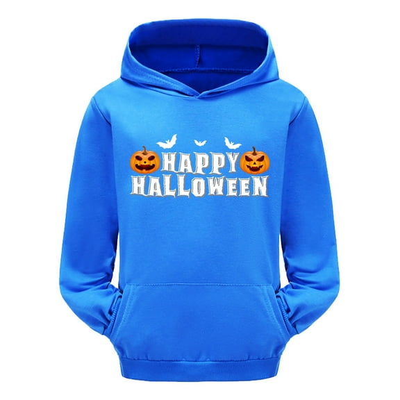 WERYOUNG Girls Boys Hoodies Cartoon Letter Pumpkin Bat Printed Long Sleeve Pullover Hooded Halloween Sweatshirt With Pocket Child Cozy Party Hoodie,Dark Blue,4-5 Years