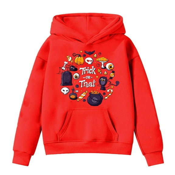 WERYOUNG Girls Boys Hoodies Cartoon Pumpkin Ghost Letter Printed Long Sleeve Pullover Hooded Halloween Sweatshirt With Pocket Child Cozy Party Hoodie,Red,8-9 Years