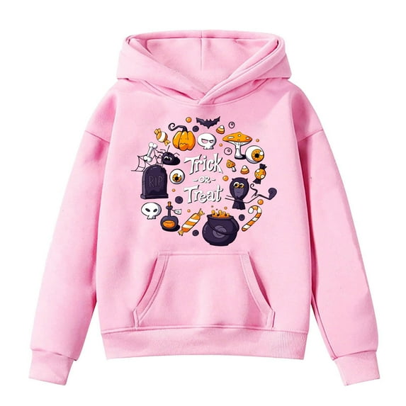 WERYOUNG Girls Boys Hoodies Cartoon Pumpkin Ghost Letter Printed Long Sleeve Pullover Hooded Halloween Sweatshirt With Pocket Girl Leisure Casual Outings Hoodie,Pink,6-7 Years