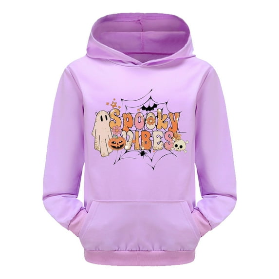 WERYOUNG Girls Boys Hoodies Cartoon Pumpkin Letter Ghost Flower Printed Long Sleeve Pullover Hooded Halloween Sweatshirt With Pocket Girl Comfort Outdoor Play Hoodie,Purple,9-10 Years