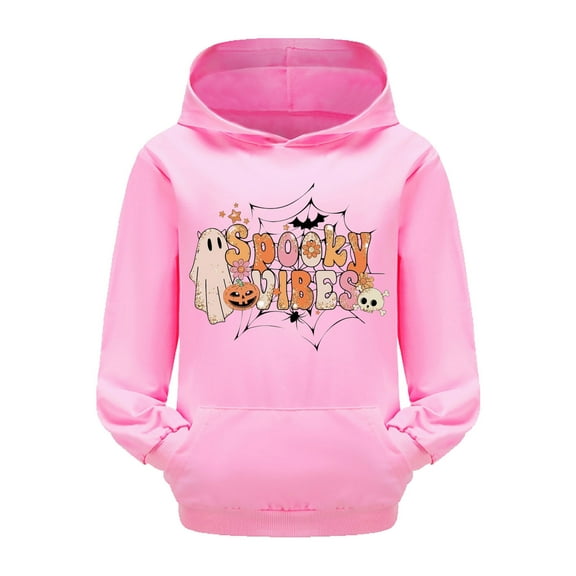 WERYOUNG Girls Boys Hoodies Cartoon Pumpkin Letter Ghost Flower Printed Long Sleeve Pullover Hooded Halloween Sweatshirt With Pocket Kids Leisure Casual Outings Hoodie,Pink,10-11 Years